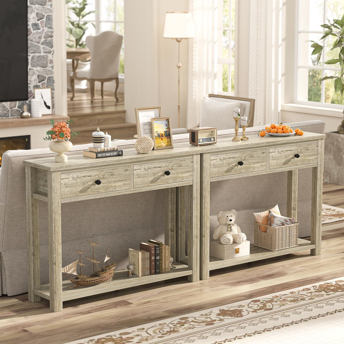 32 Inch Light Rustic Oak Console Table with 2 Drawers K941893