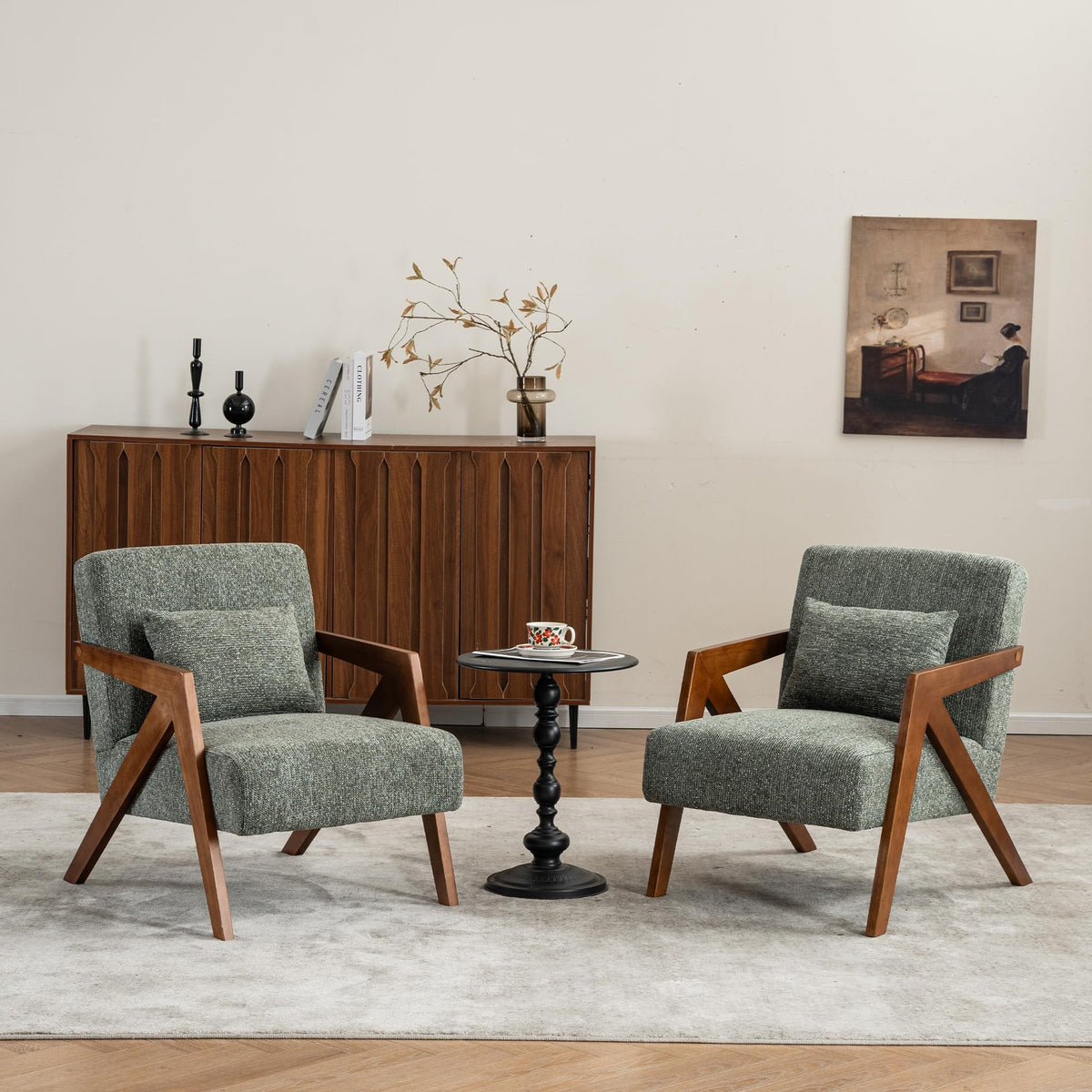 Mid-Century Modern Chenille Accent Chair Set of 2 with Wood Frame Q51256