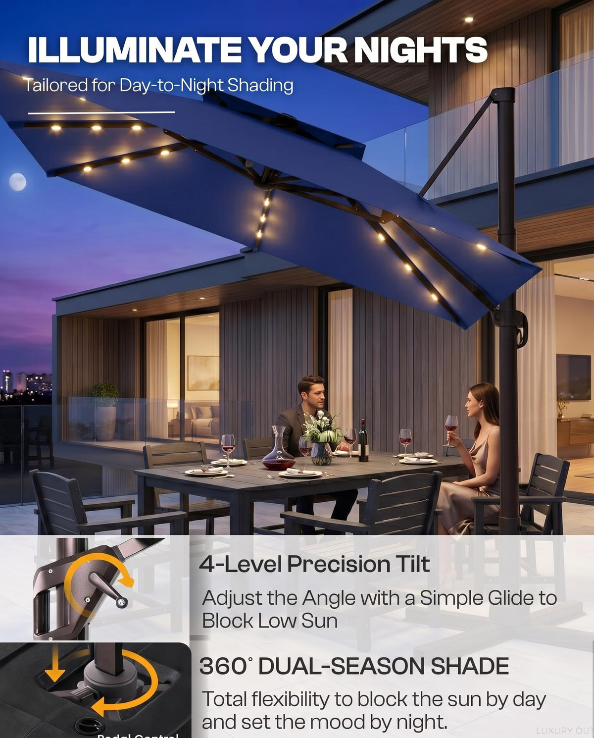 11x11 FT Double-Top Cantilever Patio Umbrella with Lights W829