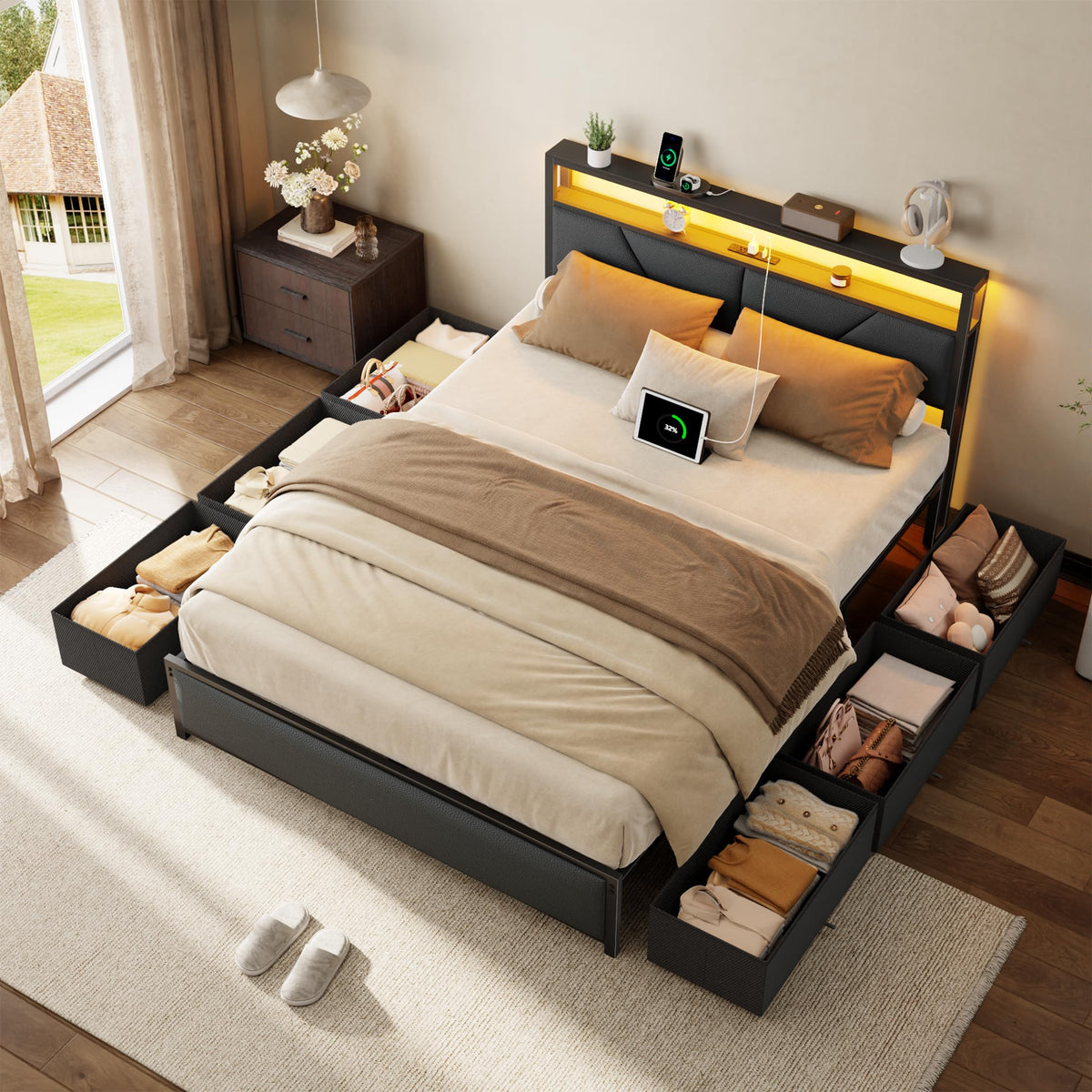Full Size PU Leather Upholstered Platform Bed Frame with Headboard and 6 Storage Drawers M451037
