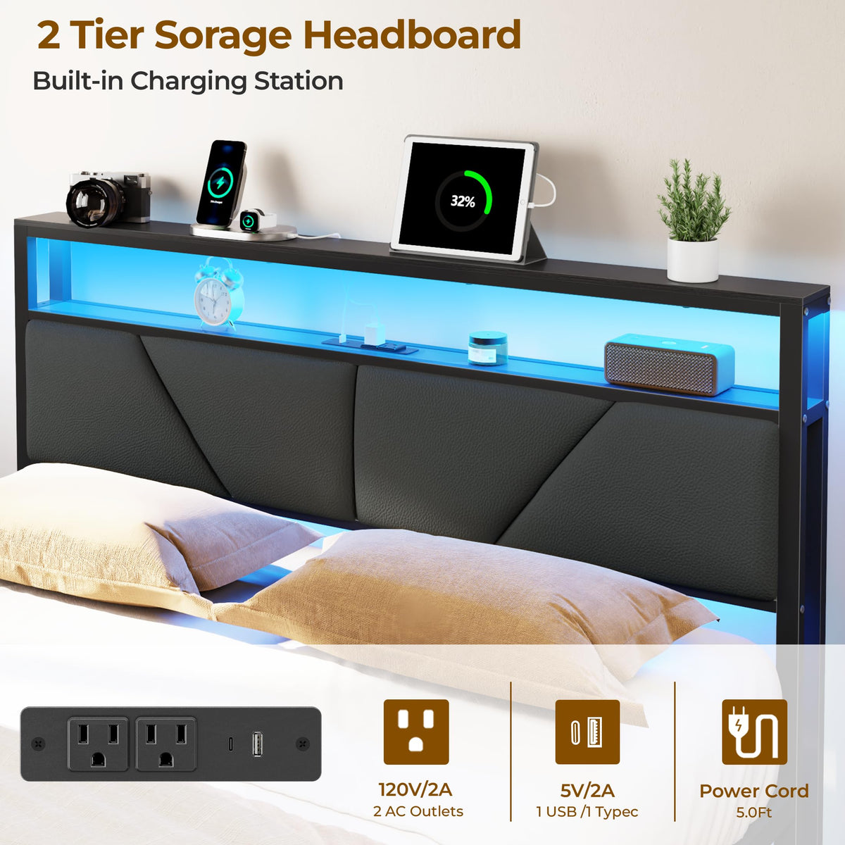 Full Size PU Leather Upholstered Platform Bed Frame with Headboard and 6 Storage Drawers M451037