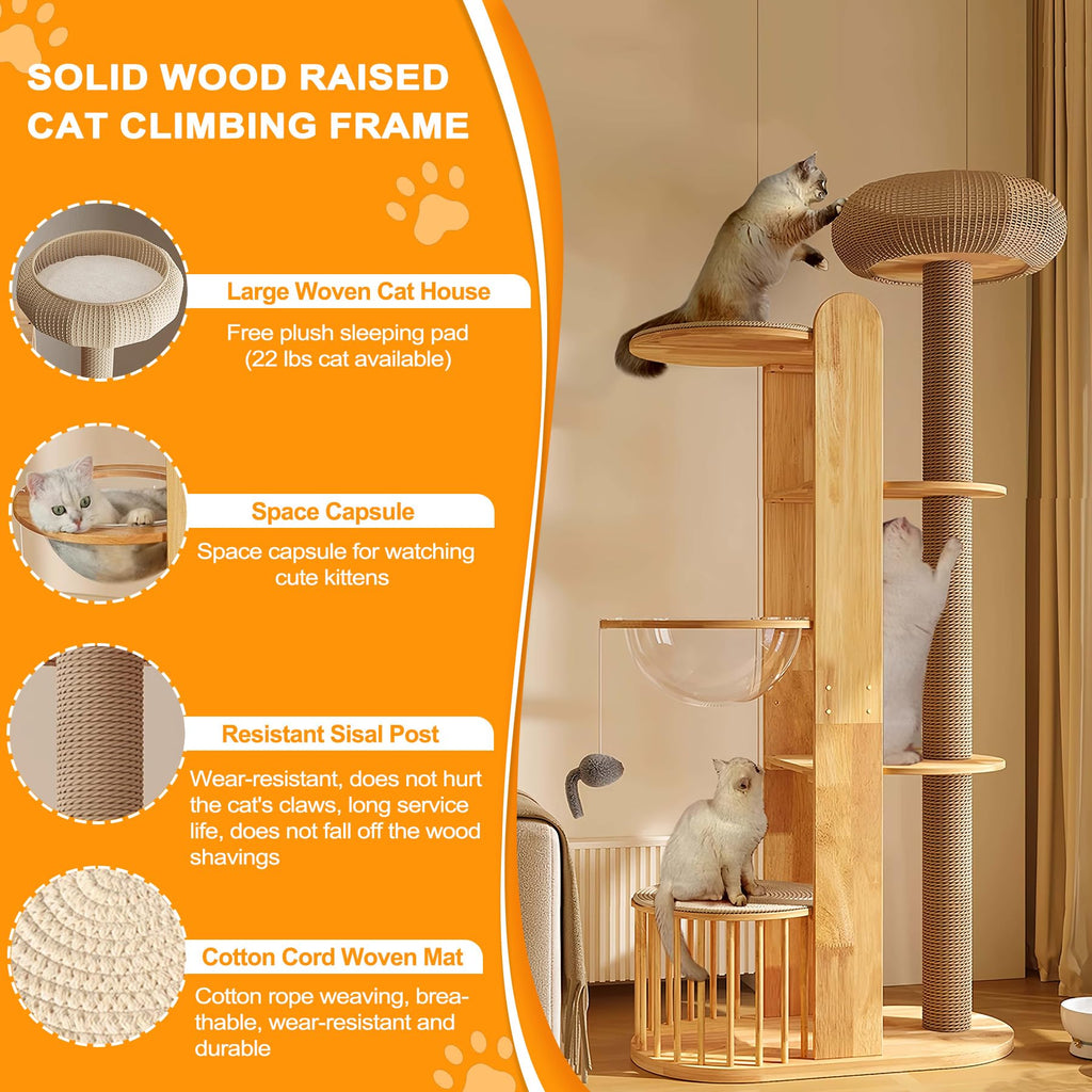Solid Wooden Cat Tree Tower with Scratching Post C630514