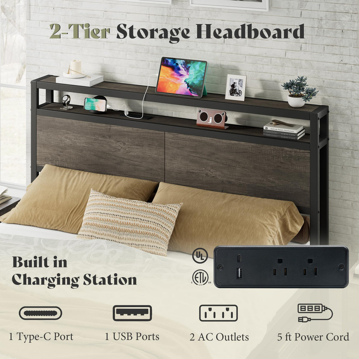 Full Size Metal Bed Frame with Charging Station J8102