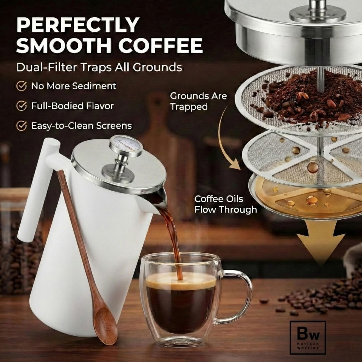 White Double-Wall Stainless Steel Insulated French Press with Thermometer T114