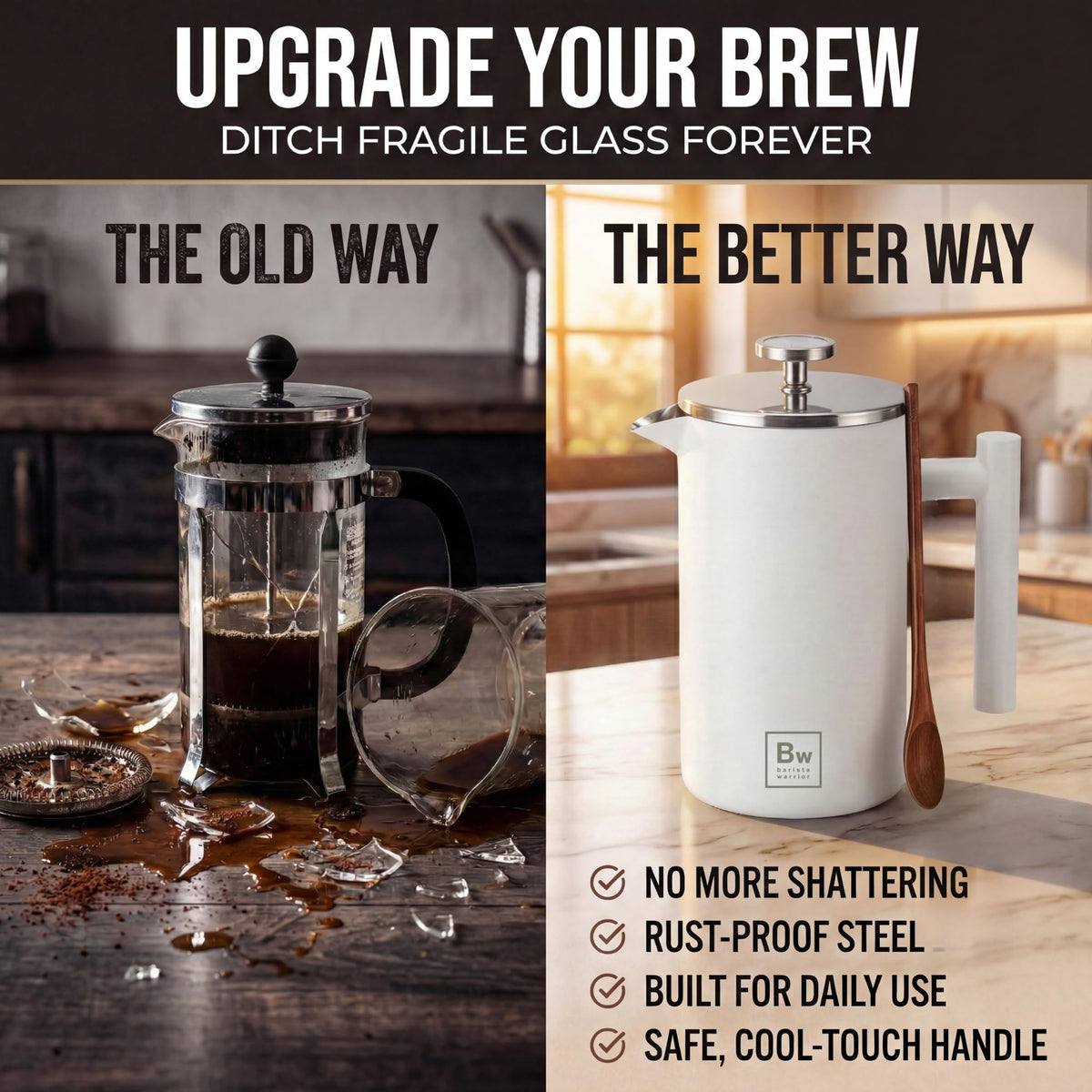 White Double-Wall Stainless Steel Insulated French Press with Thermometer T114