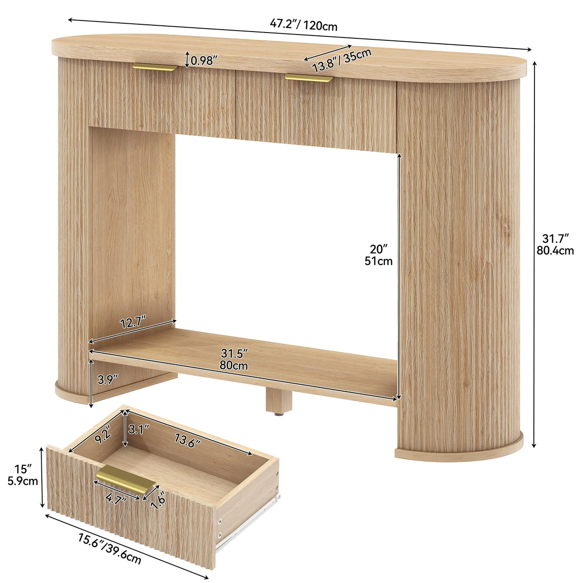 47.2" Oak Console Table with 2 Drawers & Shelf J658