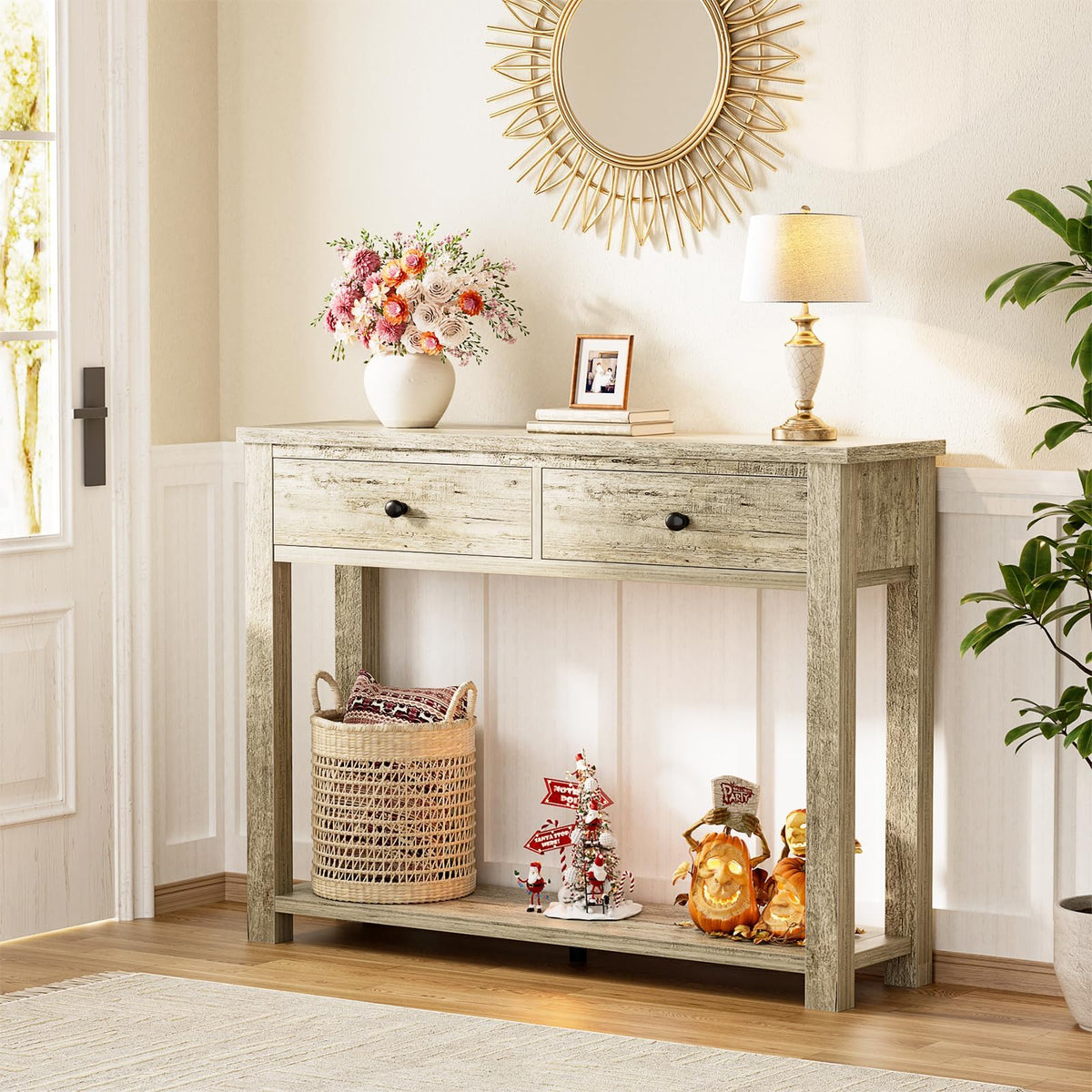 32 Inch Light Rustic Oak Console Table with 2 Drawers K941893