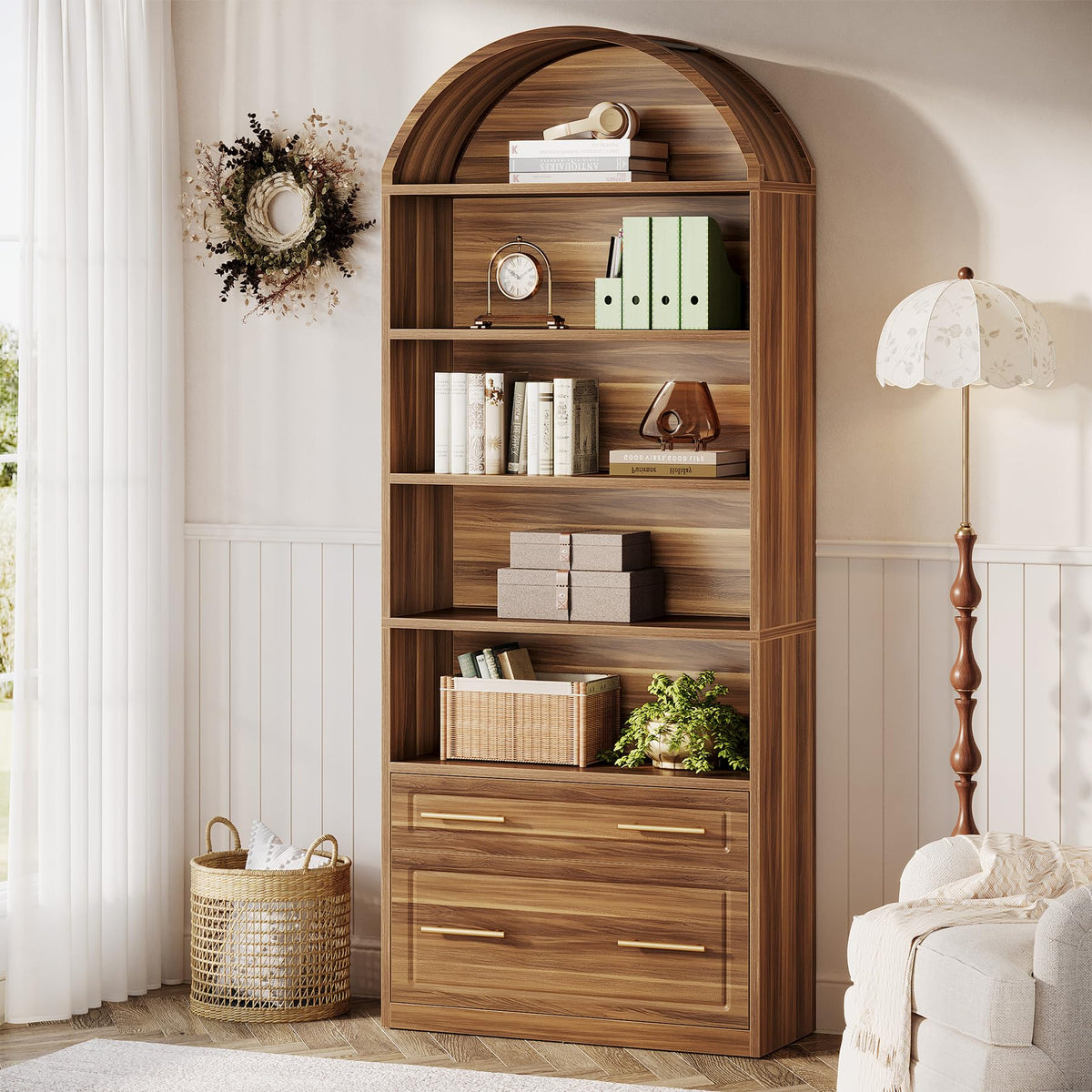 76.8" Tall Arched Bookcase with File Cabinet Drawer, Walnut Brown Q7889