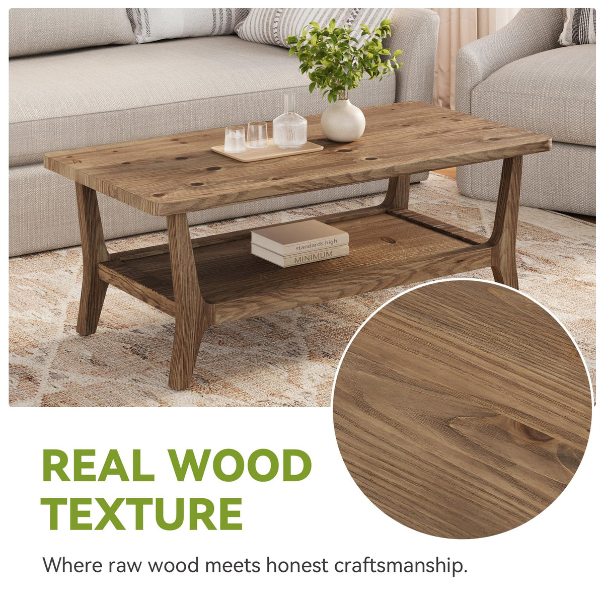 Solid Wood Coffee Table with Storage, 2-Tier Shelf K3623
