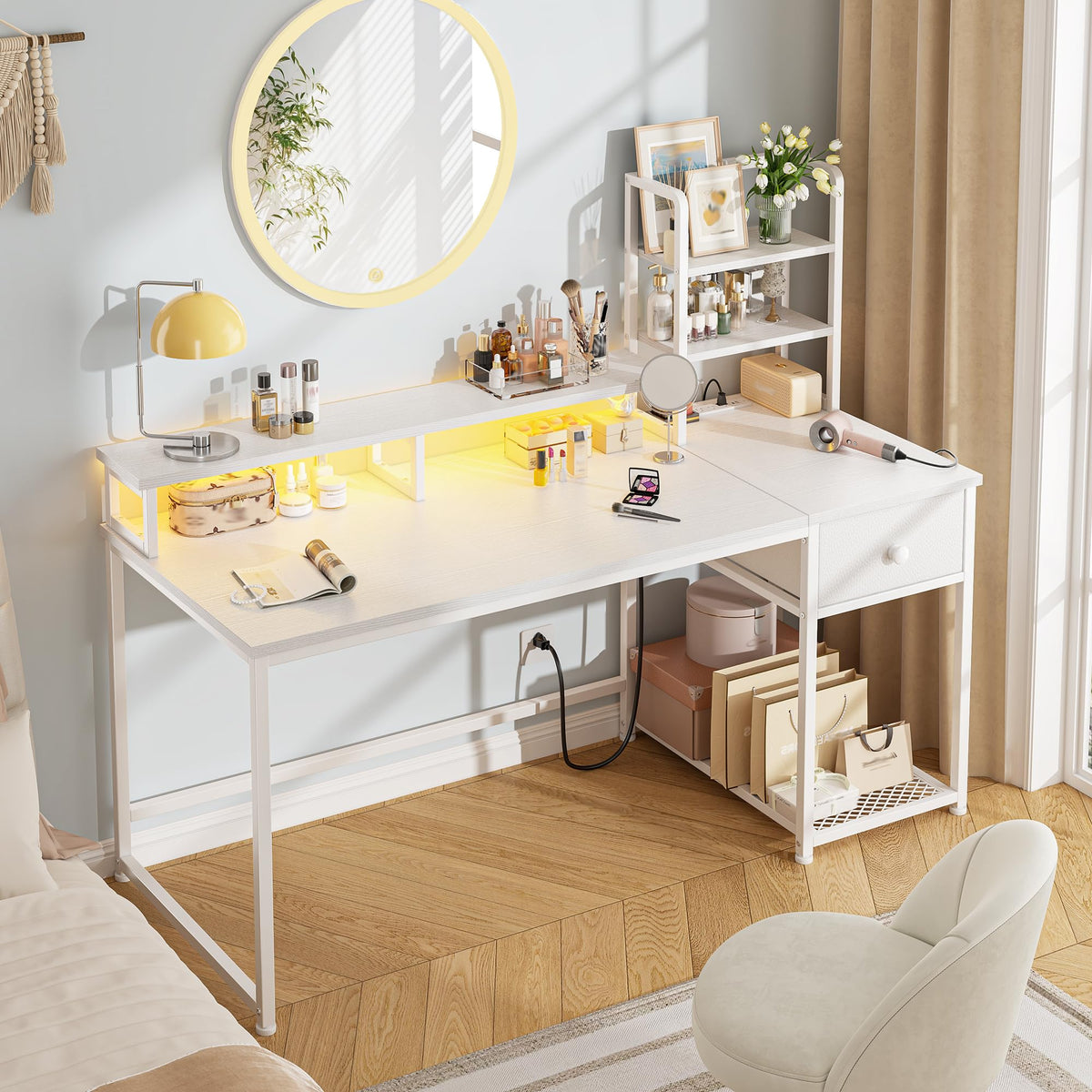 44" White Gaming Desk with Hutch & Shelves B1955
