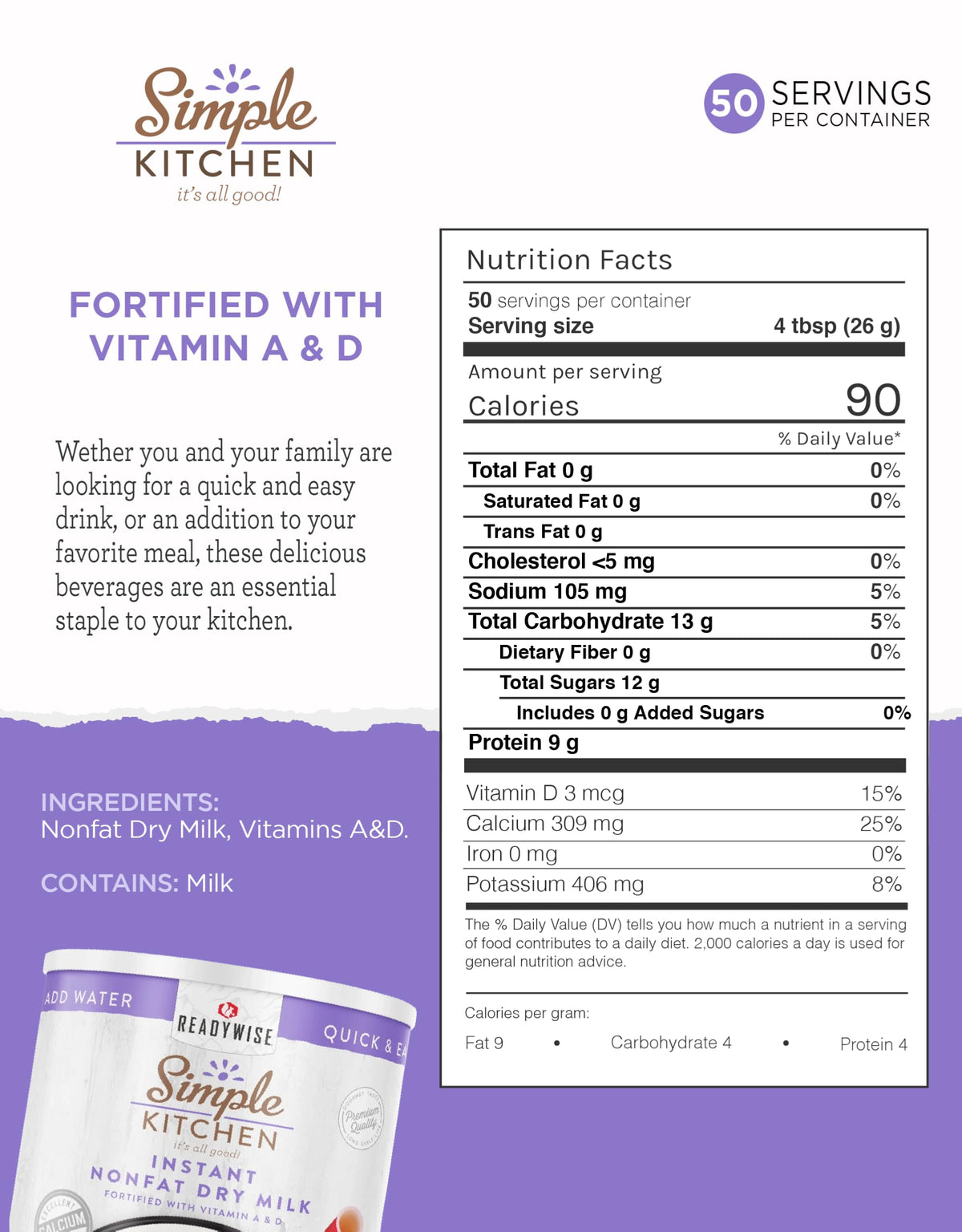 Instant Nonfat Powdered Milk 50 Servings C3642