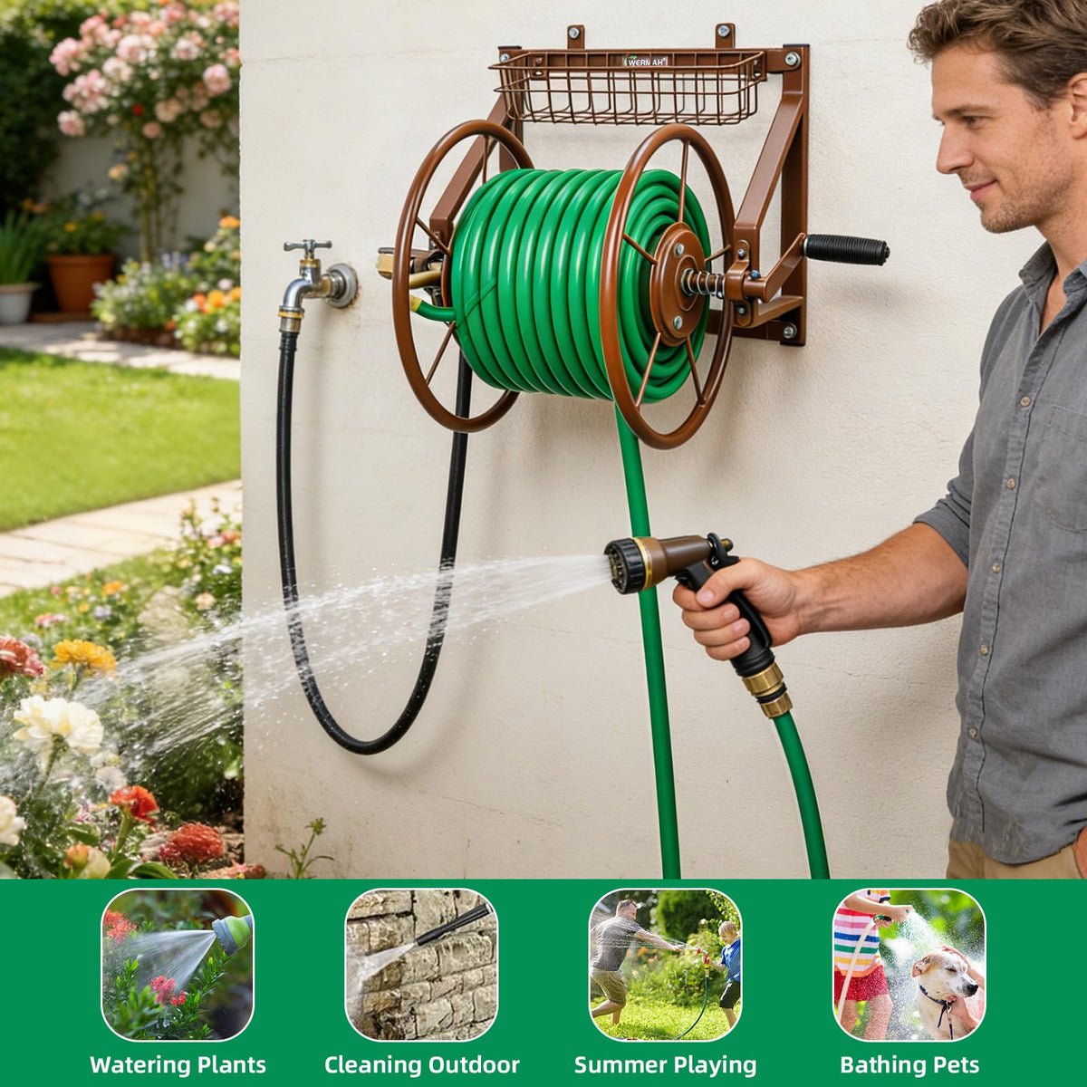 Wall Mount Metal Garden Hose Reel Holds 155ft 5/8" Hose C704