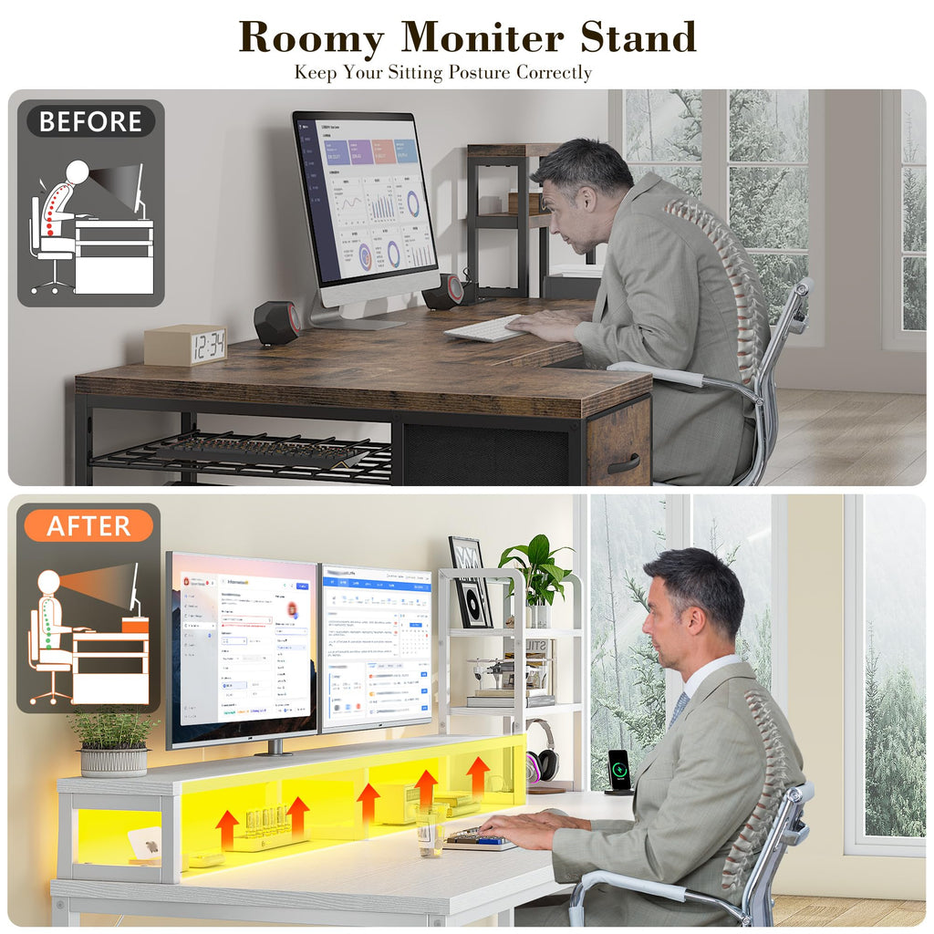 44" White Gaming Desk with Hutch & Shelves B1955
