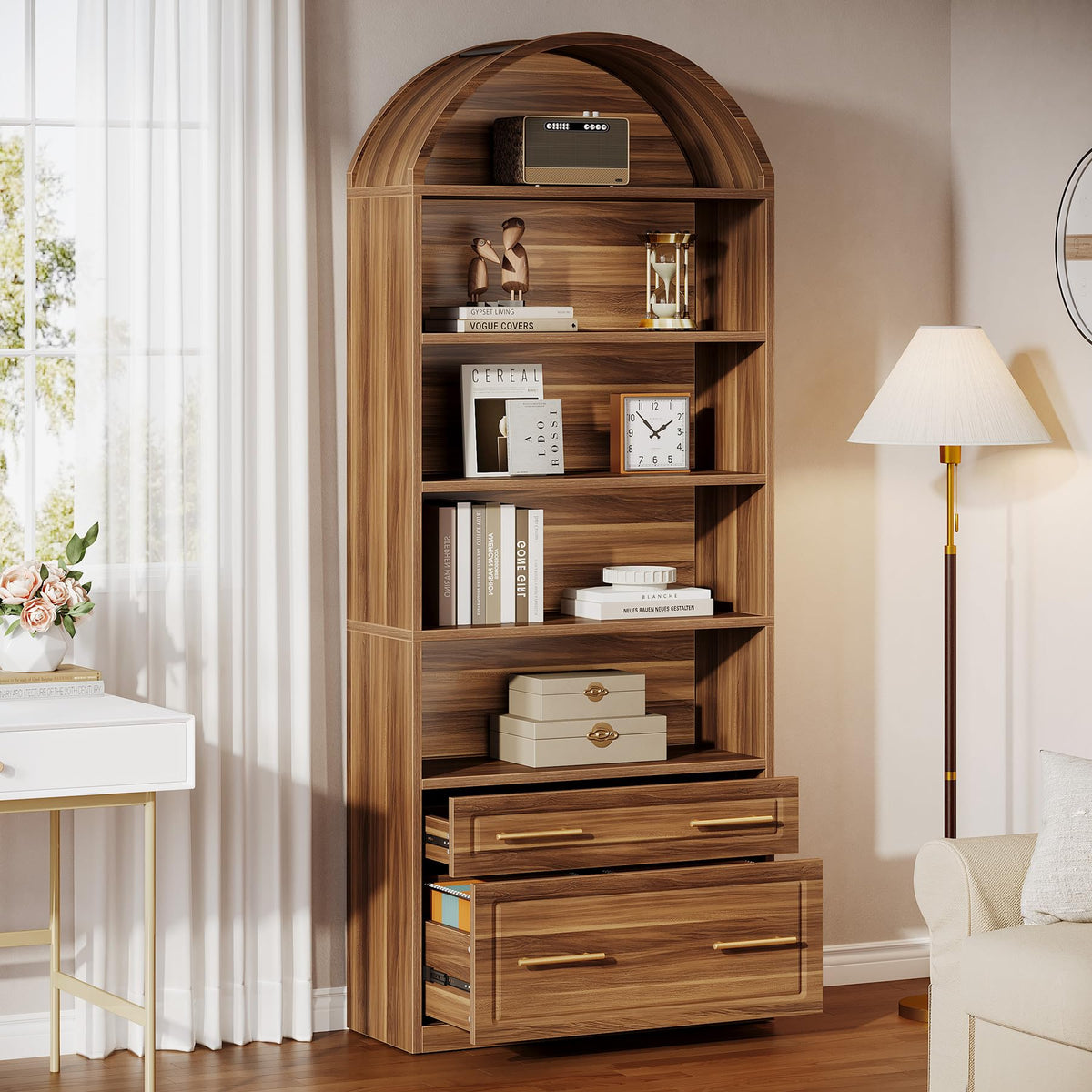 76.8" Tall Arched Bookcase with File Cabinet Drawer, Walnut Brown Q7889