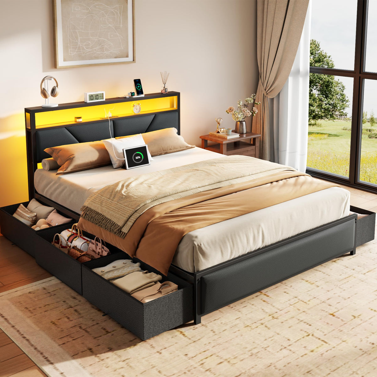 Full Size PU Leather Upholstered Platform Bed Frame with Headboard and 6 Storage Drawers M451037