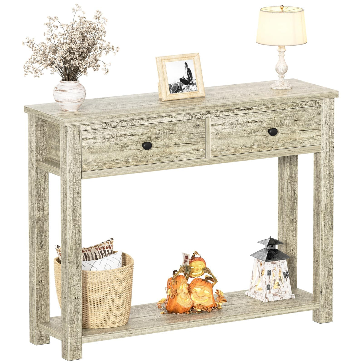 32 Inch Light Rustic Oak Console Table with 2 Drawers K941893