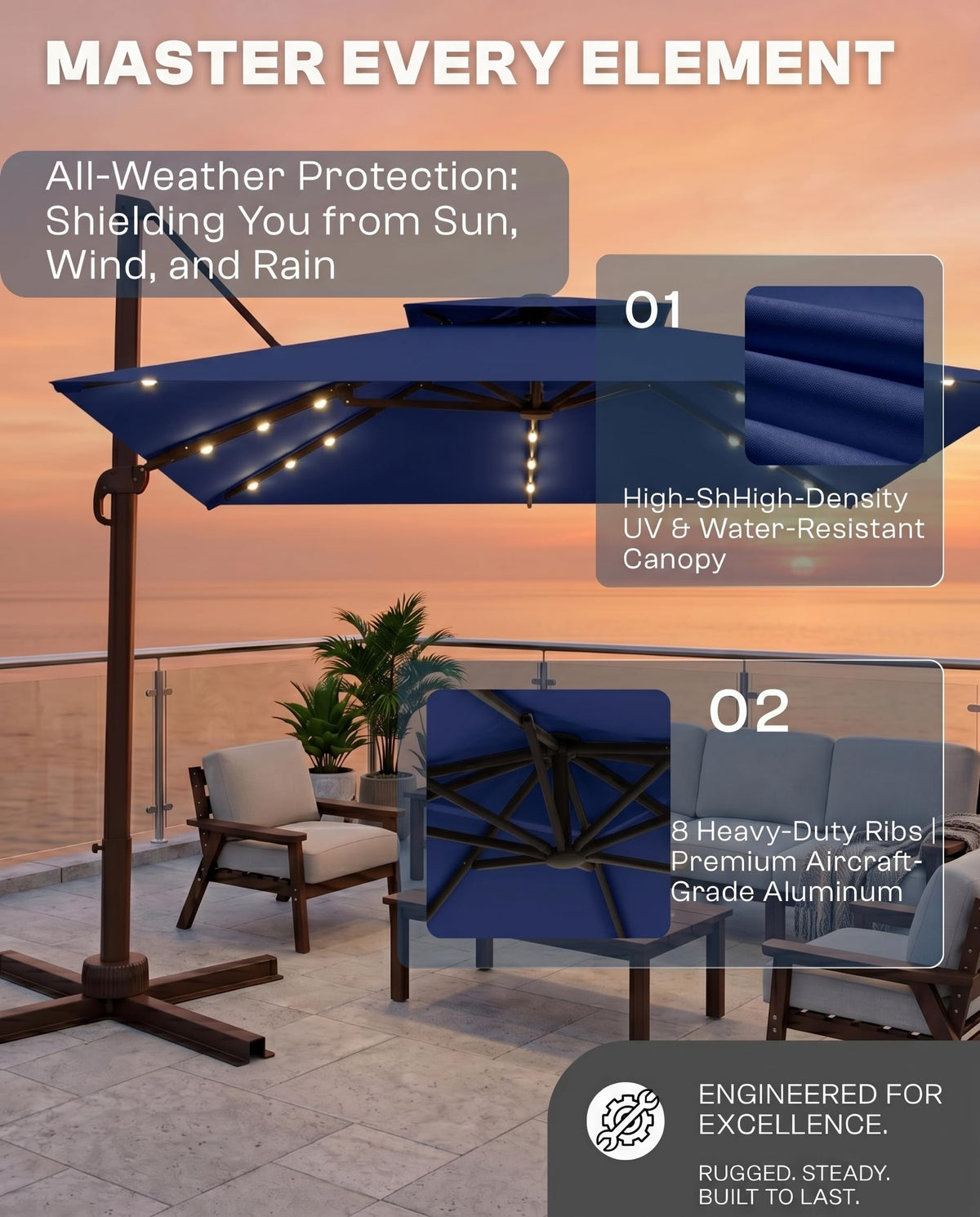 11x11 FT Double-Top Cantilever Patio Umbrella with Lights W829