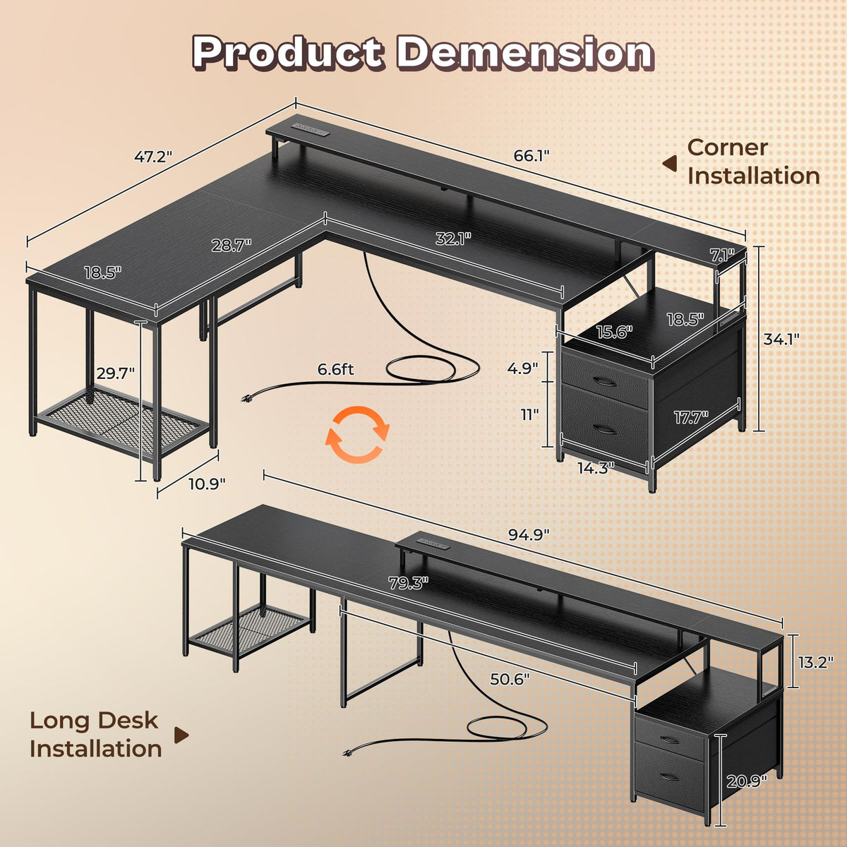 66" L Shaped Gaming Desk with LED Lights & Power Outlets L3626