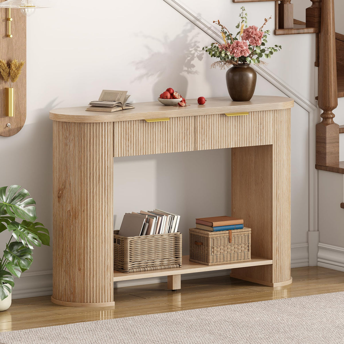 47.2" Oak Console Table with 2 Drawers & Shelf J658