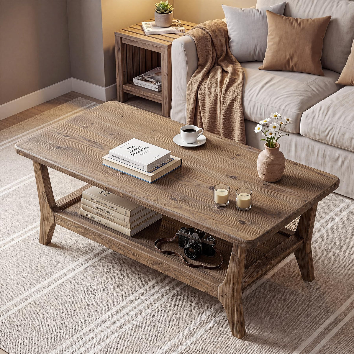Solid Wood Coffee Table with Storage, 2-Tier Shelf K3623