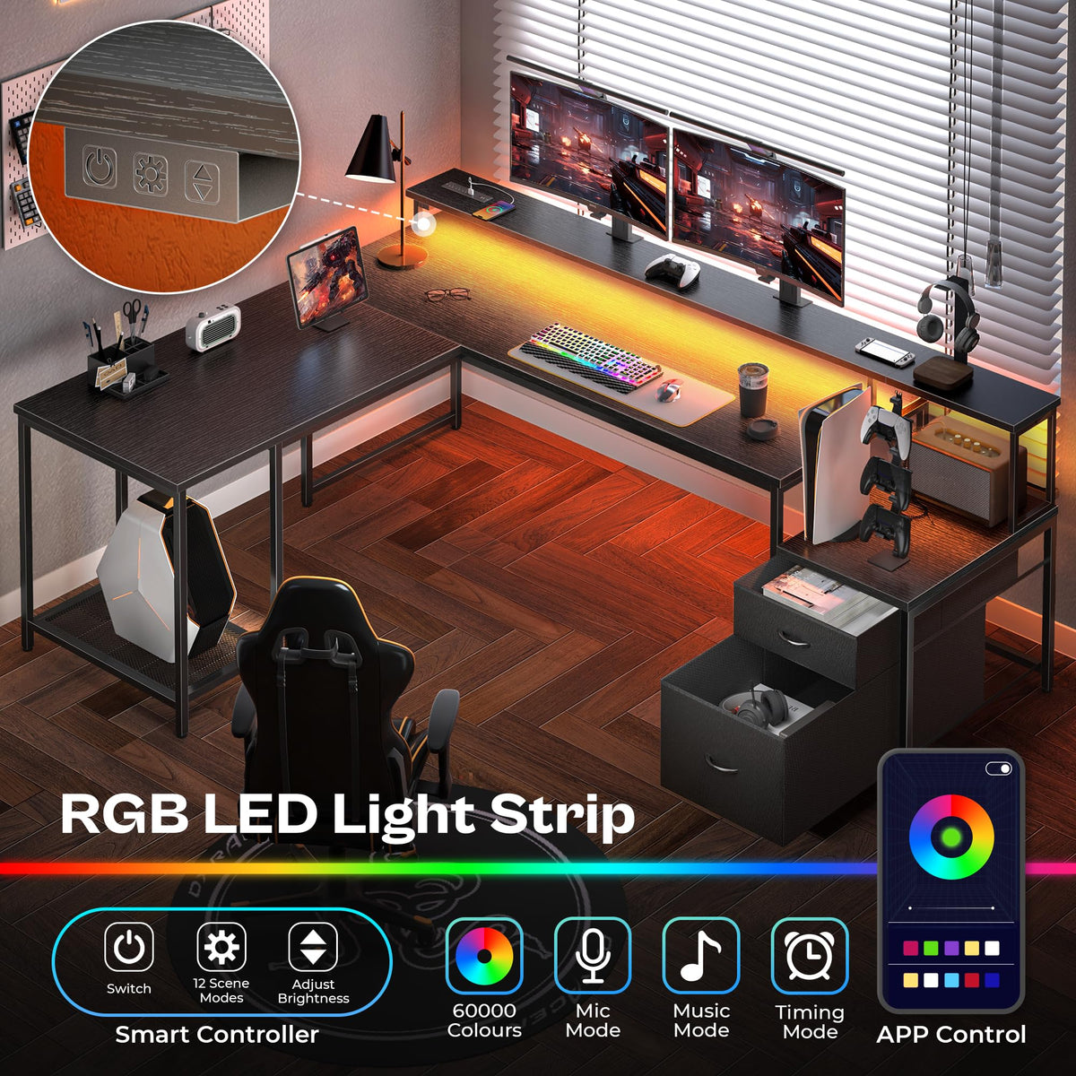 66" L Shaped Gaming Desk with LED Lights & Power Outlets L3626