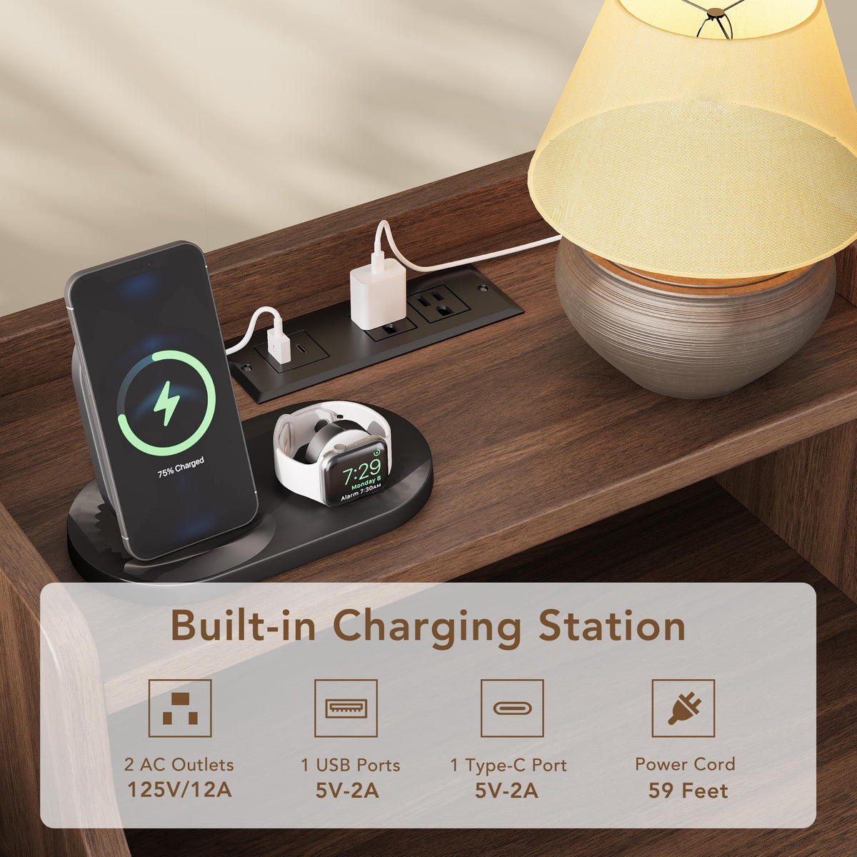 Mid Century Modern Nightstand Set of 2 with Charging Station I379